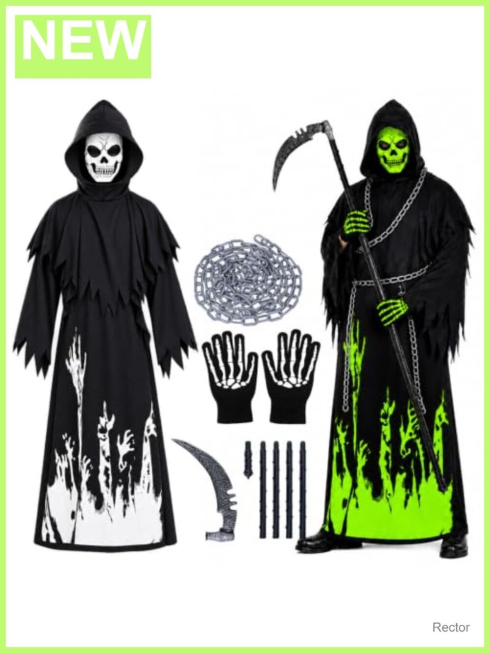 Glow-in-the-Dark Grim Reaper Costume Set with Scythe, Gloves, Chains